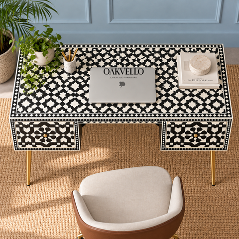 Ajmeri Black Bone Inlay Console Desk with 2 Drawers – Oakvello