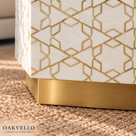 Handcrafted White and Gold Bone Inlay Coffee Table I Oakvello