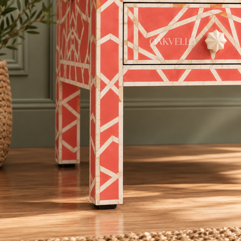 Bone Inlay 2-Drawer Nightstand – Coral Red Trellis & Geometric Pattern