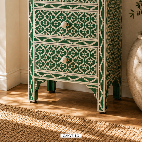 Bone Inlay Geometric Tall Chest of Drawers – Forest Green