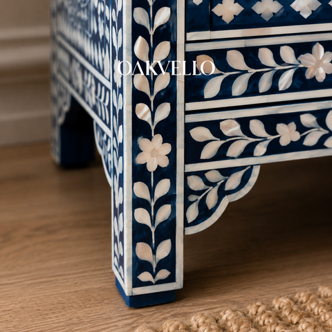 Indigo Garden Floral & Diamond Bone Inlay 3-Drawer Bedside Table