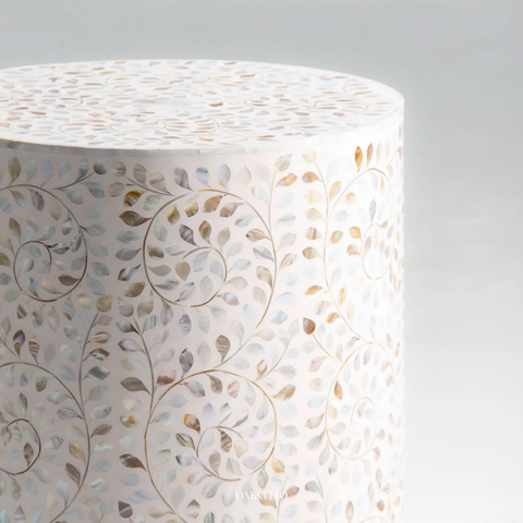 Pearl White Trailing Vine Shell Inlay Round Drum Side Table