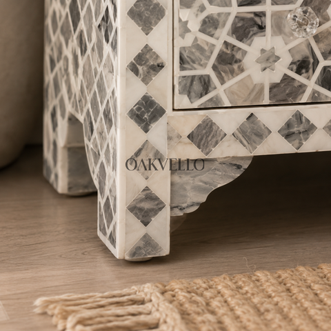 Silver Star Shell Inlay Bedside Table with Double Drawers