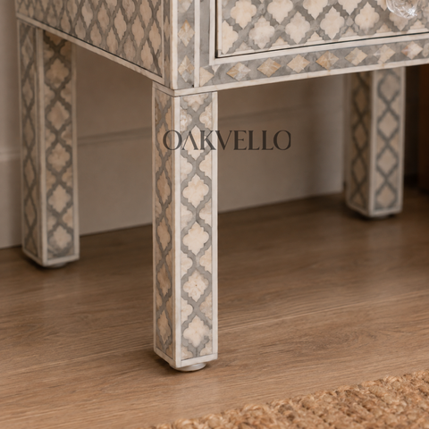 Moroccan Trellis Grey & White Bone Inlay 2-Drawer Bedside Table