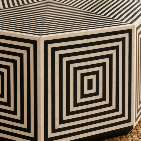 Octagonal Bone Inlay Geometric Coffee Table | Black & White |