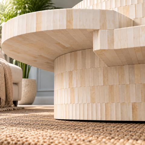 Handcrafted Bone Inlay Oval Coffee Table with Layered Sculptural Design