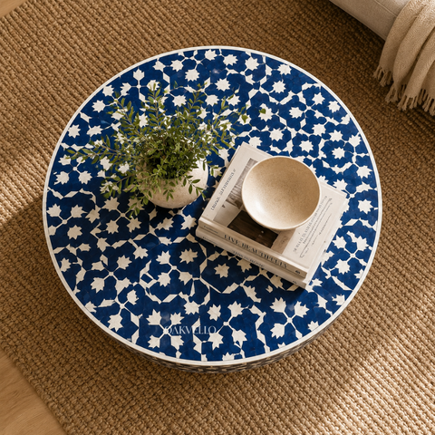 Navy Blue Star & Lotus Bone Inlay Round Coffee Table with Brass Base