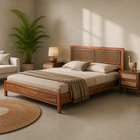 Nami Bed | Solid Mango Wood & Rattan Cane Platform Bed