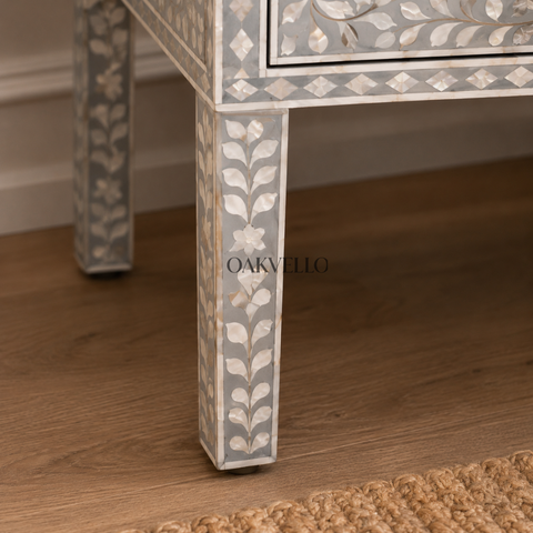 Ivory Floral Bloom Bone Inlay Bedside Table with Double Drawers