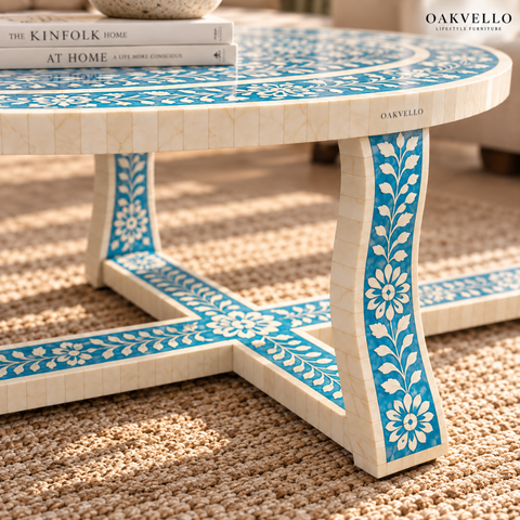 Oakvello Handcrafted Blue and White Bone Inlay Oval Coffee Table