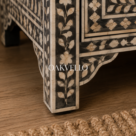 Charcoal Floral Vine Bone Inlay Bedside Table with Three Drawers