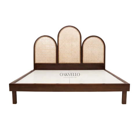 Solenne Arch Bed | Triple Arch Rattan Cane Headboard & Solid Teak Wood Frame
