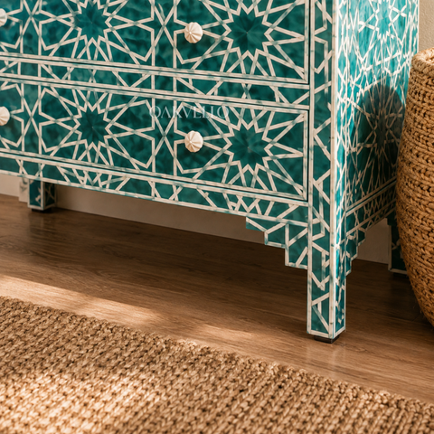 Teal Geometric Bone Inlay 4-Drawer Chest of Drawers