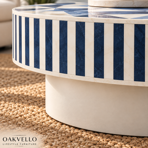 Navy Mosaic Round Bone Inlay Coffee Table| Handcrafted Artisan Living Room Centre Table – Oakvello
