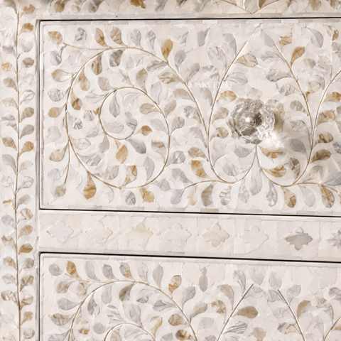 Bone Inlay Floral Tall Chest of Drawers – Grey