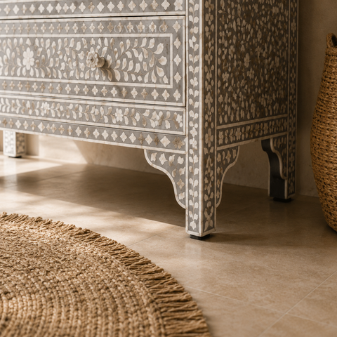 Grey Floral Bone Inlay 4-Drawer Chest of Drawers