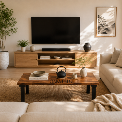 Mori Low Table | Solid Wood Floor Dining Table with Metal Legs