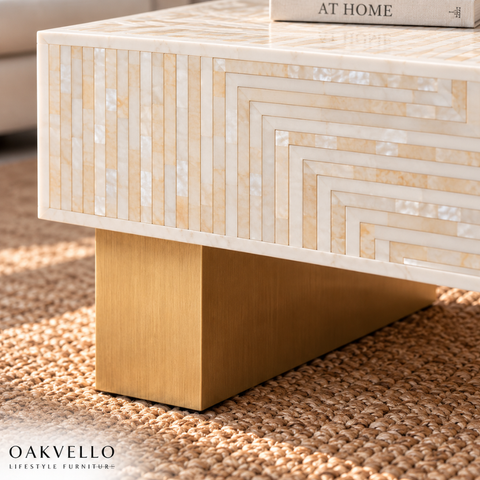 Handcrafted White and Gold Bone Inlay Coffee Table I Oakvello