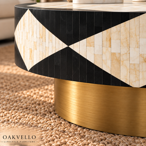 Noir Geometric Bone Inlay Coffee Table| Handcrafted Artisan Living Room Centre Table – Oakvello