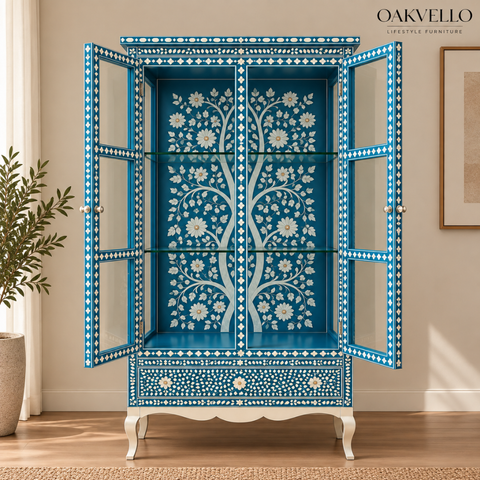 Teal Bone Inlay Glass-Door Bar Cabinet with Cabriole Legs
