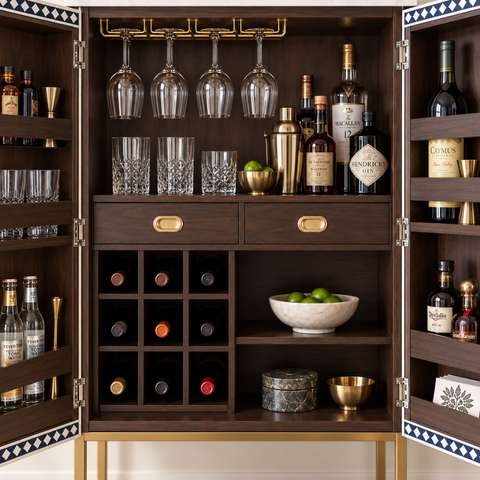 Blue & White Bone Inlay Bar Cabinet with Marble-Effect Top
