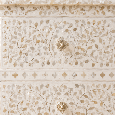 Bone Inlay Floral Chest of Drawers – White