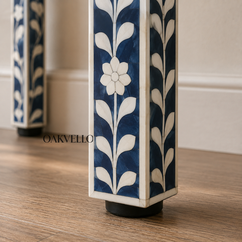 Bone Inlay Floral Console Table – Navy Blue & White