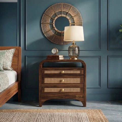 Aethel Teak Wood Cane Bedside Table | Mid-Century Nightstand – Oakvello