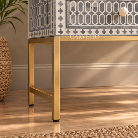 Bone Inlay Geometric Single Drawer Bedside Table with Gold Metal Legs – Grey & White