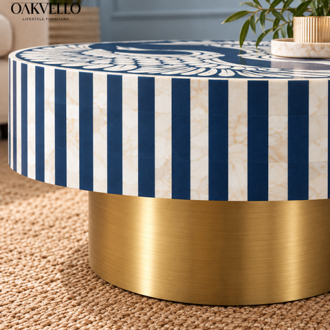 Azure Peacock Bone Inlay Coffee Table| Handcrafted Artisan Living Room Centre Table – Oakvello