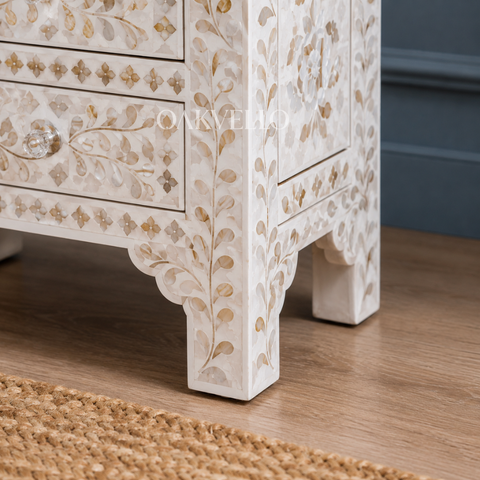 Grey Floral Bone Inlay 2-Drawer Bedside Table – 60 x 40 x 30 cm