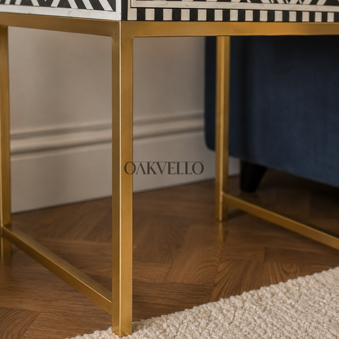 Noir Lattice Bone Inlay Bedside Table with Gold Frame