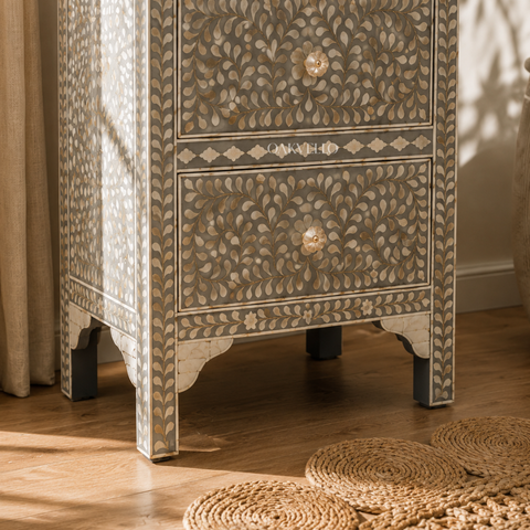 Bone Inlay Floral Slim Tallboy Chest – Grey