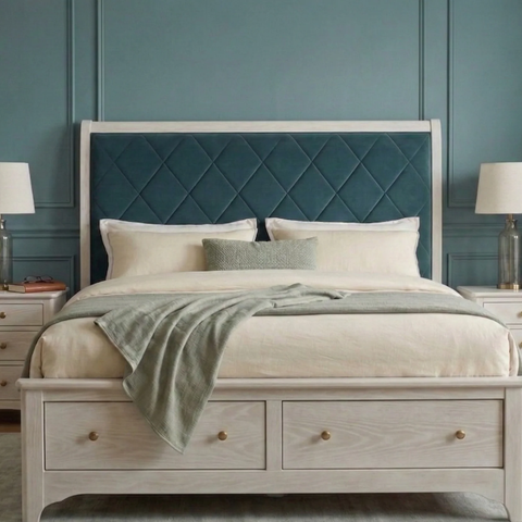 Caspian Solid Teak Wood Bed | Premium Upholstered Headboard – Oakvello