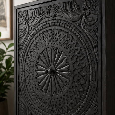 Jodhpuri Black Carved Solid Wood Cabinet | Handcrafted Storage Furniture – Oakvello