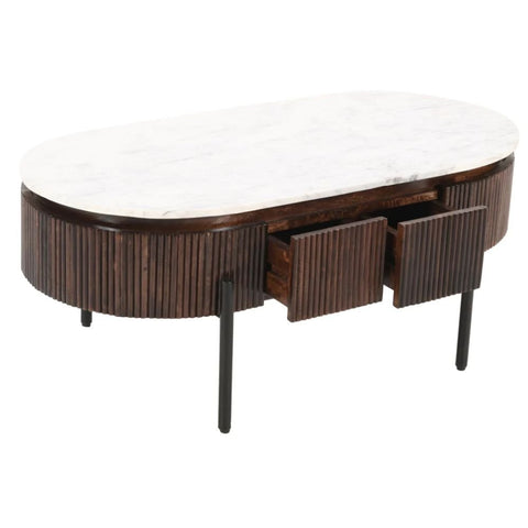 Jaipuri Fluted Mango Wood Coffee Table | Marble Top & Metal Legs – Oakvello
