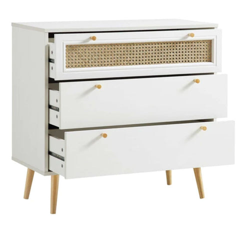 White Rattan 3-Drawer Chest | Boho Solid Wood Bedroom Dresser – Oakvello