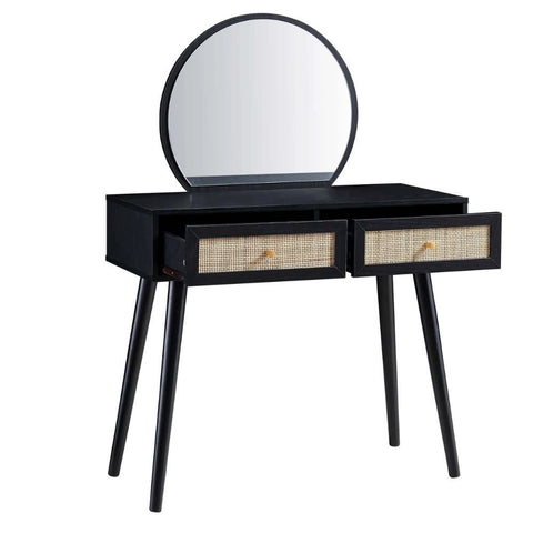 Black Rattan Dressing Table with Mirror | Boho Bedroom Vanity Furniture – Oakvello
