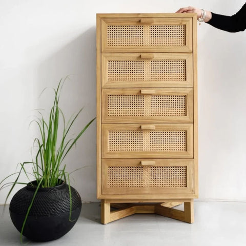 Jaipuri Natural Rattan Chest of Drawers | Boho Solid Wood Bedroom Dresser – Oakvello