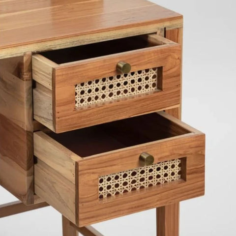 Jodhpuri Teak Wood & Cane Study Table | Handcrafted Home Office Desk – Oakvello