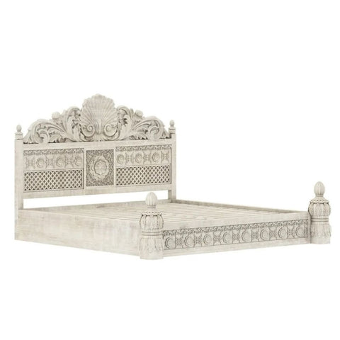 Indian Hand Carved Solid Wood Bed | Heritage Handcrafted Bedroom Furniture – Oakvello