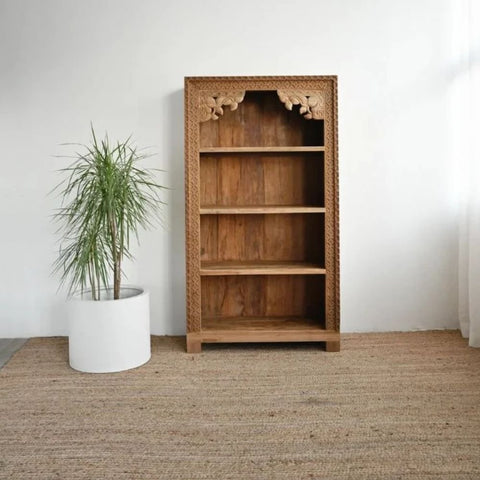 Hand Carved Solid Wood Storage Bookshelf with 3 Shelves | Living Room Display – Oakvello