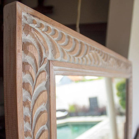 Hand Carved Natural Wash Solid Wood Mirror | Artisan Wall Decor – Oakvello