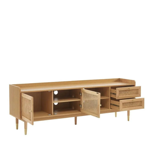 Solid Wood & Cane TV Cabinet | 2 Doors & 2 Drawers Media Console – Oakvello