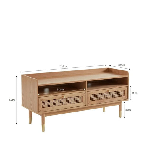 Solid Wood & Cane 2-Drawer TV Cabinet | Boho Media Console – Oakvello