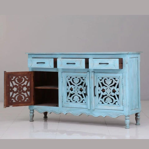 Vintage Carved Solid Mango Wood Cabinet & Sideboard with 3 Drawers – Oakvello