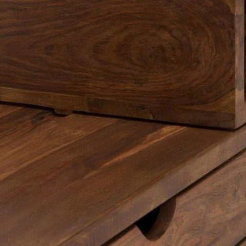 Solid Sheesham Wood TV Unit | 2 Drawers, 6 Adjustable Open Shelves & Sliding Storage – Oakvello