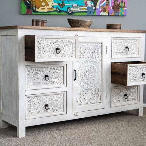 Whimsy White Solid Wood Sideboard | Bright Living Room Storage Cabinet – Oakvello