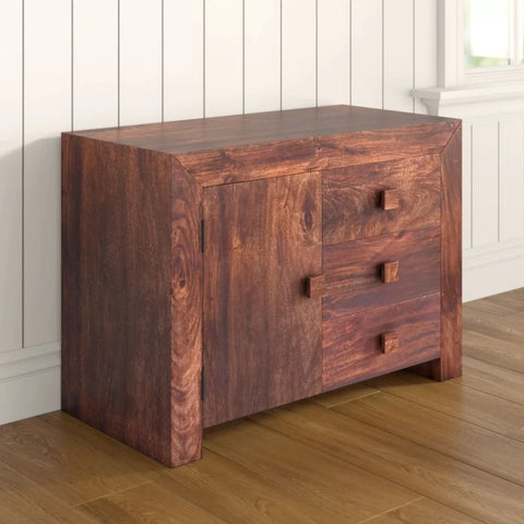 Solid Mango Wood Sideboard | 3 Drawers & 1 Door Living Room Storage – Oakvello