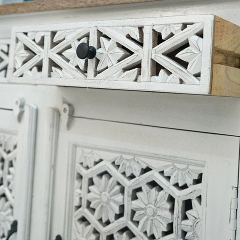 3-Door White Finish Solid Mango Wood Cabinet | Living Room Storage – Oakvello
